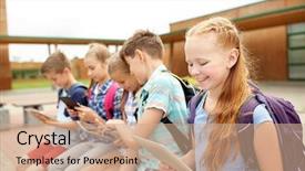  Presentation with elementary school technology - Slide deck featuring concept - group of happy elementary background and a  colored foreground