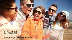  Presentation with middle school teens leisure activities - Cool new theme with concept - group of happy friends backdrop and a coral colored foreground