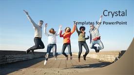  Presentation with travel friends - Amazing slide set having concept - group of happy friends backdrop and a light blue colored foreground