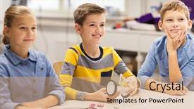  Presentation with education children technology science - Colorful slide set enhanced with concept - group of happy kids backdrop and a  colored foreground