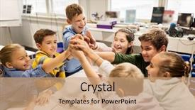  Presentation with education children technology science - Theme with concept - group of happy kids background and a coral colored foreground