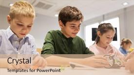  Presentation with education children technology science - Presentation design with concept - group of happy kids background and a lemonade colored foreground