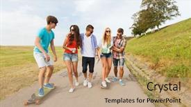  Presentation with sport - Slides enhanced with concept - group of happy teenage background and a coral colored foreground