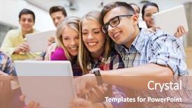  Presentation with high technology - Cool new presentation design with concept - group of smiling students backdrop and a coral colored foreground