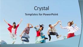  Presentation with teens summer camp - Colorful presentation design enhanced with concept - group of teenagers jumping backdrop and a light blue colored foreground