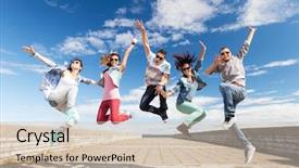  Presentation with teenage - Beautiful presentation theme featuring concept - group of teenagers jumping backdrop and a soft green colored foreground