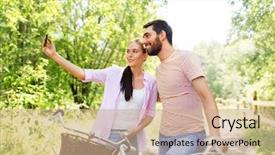  Presentation with lifestyle - Colorful slide deck enhanced with concept - happy couple with bicycles backdrop and a coral colored foreground