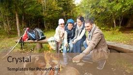  Presentation with family tourism - Slide set featuring camping travel tourism hike and people concept - happy family roasting marshmallow over campfire background and a coral colored foreground