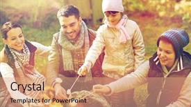  Presentation with family tourism - Colorful theme enhanced with hike travel tourism and people concept - happy family roasting marshmallow over campfire backdrop and a coral colored foreground