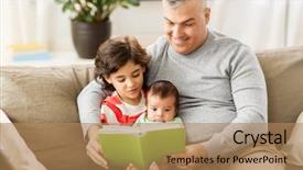  Presentation with baby book - Amazing PPT theme having concept - happy father with preteen backdrop and a coral colored foreground