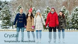  Presentation with ice rink - Beautiful PPT theme featuring concept - happy friends ice skating backdrop and a light blue colored foreground