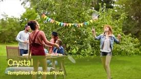  Presentation with summer party - Cool new slide deck with concept - happy friends playing badminton backdrop and a tawny brown colored foreground