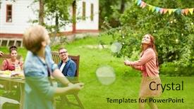  Presentation with summer party - Theme featuring concept - happy friends playing badminton background and a gold colored foreground
