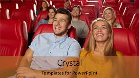  Presentation with movie theater - Amazing PPT theme having concept - happy friends watching comedy backdrop and a red colored foreground