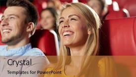  Presentation with movie theater - Colorful PPT theme enhanced with concept - happy friends watching comedy backdrop and a gold colored foreground