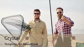  Presentation with sea fishing - Presentation design having net time - leisure and people concept background and a coral colored foreground