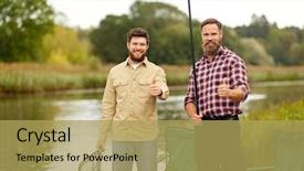  Presentation with people - Presentation featuring concept - happy friends with fishing background and a yellow colored foreground