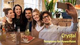  Presentation with food technology - Audience pleasing PPT theme consisting of concept - happy friends with food backdrop and a tawny brown colored foreground