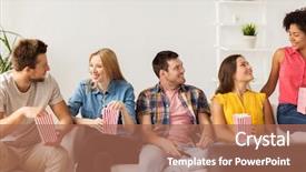  Presentation with people grief and mourning concept - Slide deck consisting of concept - happy friends with popcorn background and a coral colored foreground