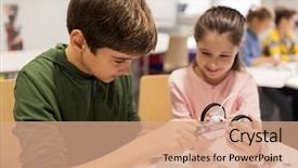  Presentation with education children technology science - PPT theme enhanced with concept - happy kids building robot background and a coral colored foreground