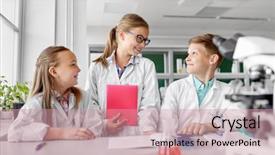  Presentation with education children technology science - PPT layouts having concept - happy kids with workbook background and a coral colored foreground