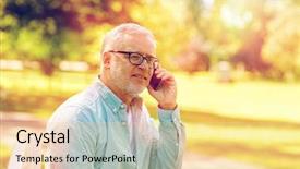  Presentation with information and communication technology in service delivery - Slide deck enhanced with concept - happy old man dial background and a lemonade colored foreground