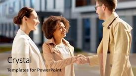  Presentation with partnership - Amazing PPT layouts having business partnership gesture and cooperation concept - happy people shaking hands on city street backdrop and a coral colored foreground