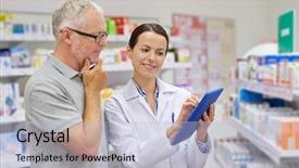  Presentation with pharmacy tablet - Colorful PPT layouts enhanced with concept - happy pharmacist with tablet backdrop and a light blue colored foreground