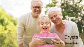  Presentation with generation - Presentation theme enhanced with concept - happy smiling grandmother grandfather background and a coral colored foreground