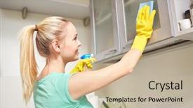  Presentation with kitchen cabinet - Cool new PPT layouts with concept - happy woman cleaning cabinet backdrop and a soft green colored foreground