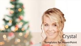  Presentation with happy holidays - PPT theme featuring concept - happy woman with gift background and a lemonade colored foreground