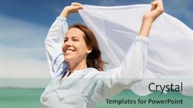  Presentation with people - Slide set having concept - happy woman with shawl background and a  colored foreground