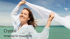  Presentation with people - Beautiful PPT theme featuring concept - happy woman with shawl backdrop and a  colored foreground