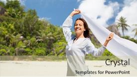  Presentation with people - Slide set enhanced with concept - happy woman with shawl background and a soft green colored foreground