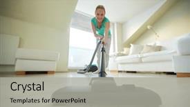  Presentation with housekeeping - Presentation theme with concept - happy woman with vacuum background and a light gray colored foreground