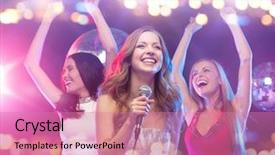  Presentation with happy holidays - Slide set having concept - happy women with microphone background and a coral colored foreground