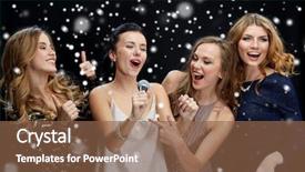  Presentation with black christmas party - Amazing PPT theme having concept - happy women with microphone backdrop and a tawny brown colored foreground
