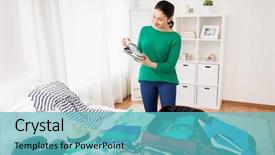  Presentation with tourism hotel - Theme featuring concept - happy young woman pack background and a teal colored foreground