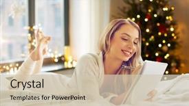  Presentation with happy holidays - Slides enhanced with concept - happy young woman writing background and a soft green colored foreground