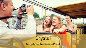  Presentation with friendship - PPT theme enhanced with concept - laughing friends with camera background and a yellow colored foreground