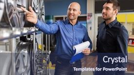  Presentation with auto repair - PPT layouts with concept - male customer and salesman background and a navy blue colored foreground