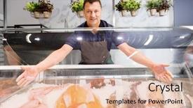  Presentation with fish people - PPT layouts enhanced with concept - male seller showing seafood background and a lemonade colored foreground