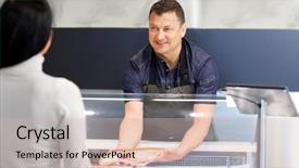  Presentation with fish people - PPT theme enhanced with concept - male seller showing seafood background and a soft green colored foreground