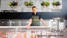  Presentation with fish people - Slides enhanced with concept - male seller showing seafood background and a soft green colored foreground