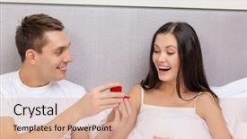  Presentation with commitment - Slide deck featuring concept - man givnig woman little background and a  colored foreground