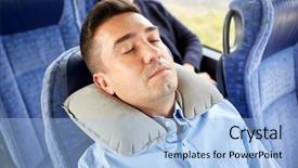  Presentation with bus train - Slide deck with concept - man sleeping in travel background and a light blue colored foreground