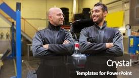  Presentation with auto repair - Beautiful PPT layouts featuring concept - mechanics or tire changer backdrop and a  colored foreground