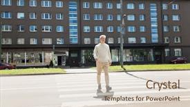  Presentation with city people walking - Slide deck featuring concept - senior man walking along background and a  colored foreground