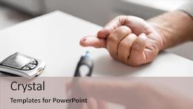  Presentation with home health care - Colorful PPT theme enhanced with concept - senior man with glucometer backdrop and a mint green colored foreground