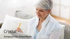  Presentation with people grief and mourning concept - Presentation design consisting of concept - senior woman marking newspaper background and a light gray colored foreground